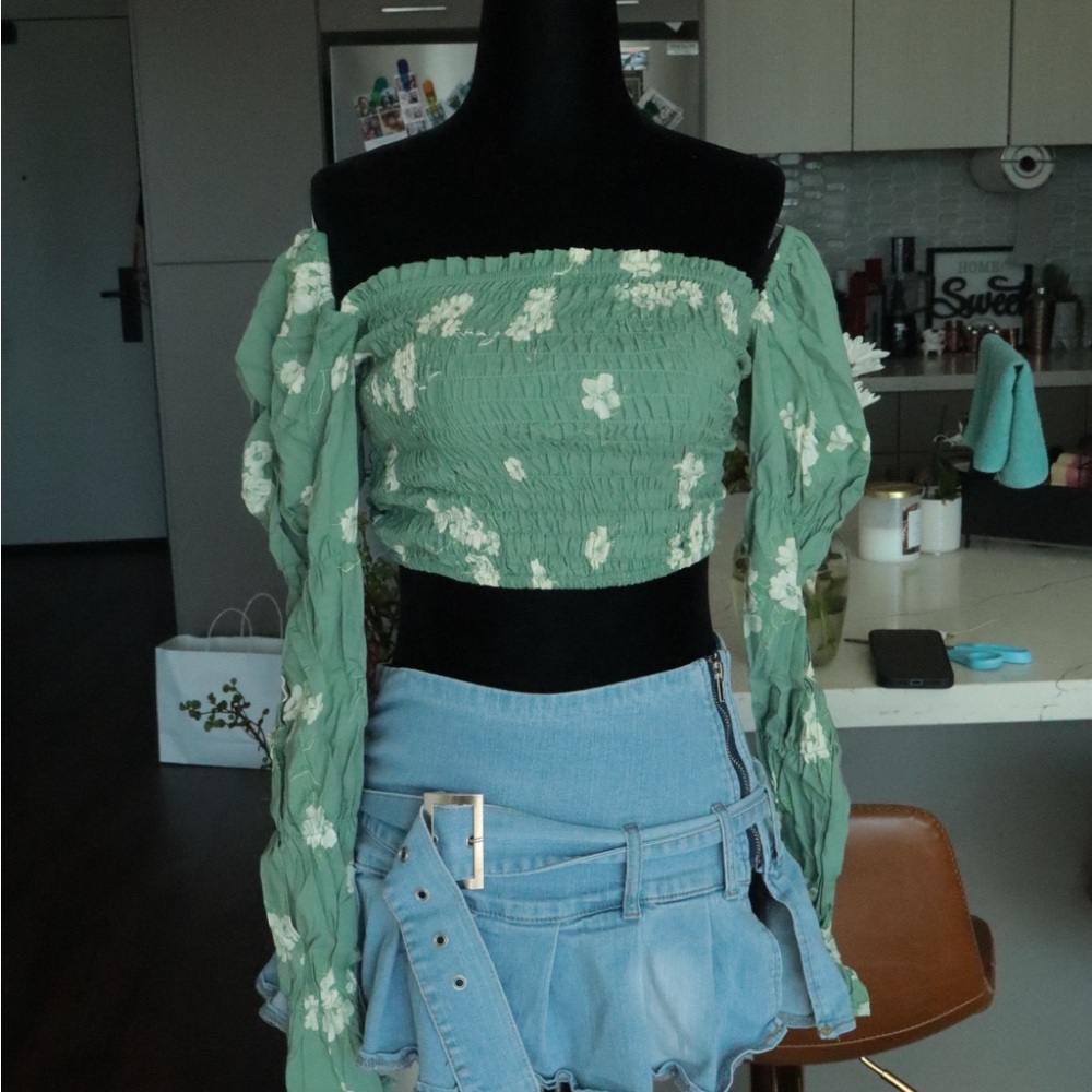 Motel Rocks Green Floral Off-Shoulder Crop Top